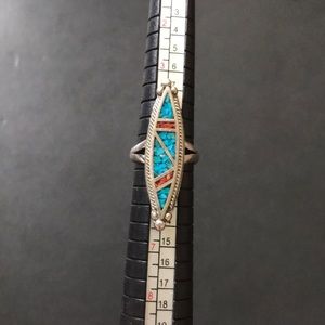 Native American turquoise and coral chip ring